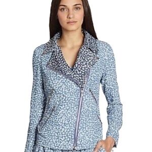 Line & Dot Animal Print Asymmetrical Zip Moto Blazer Blue White Size XS